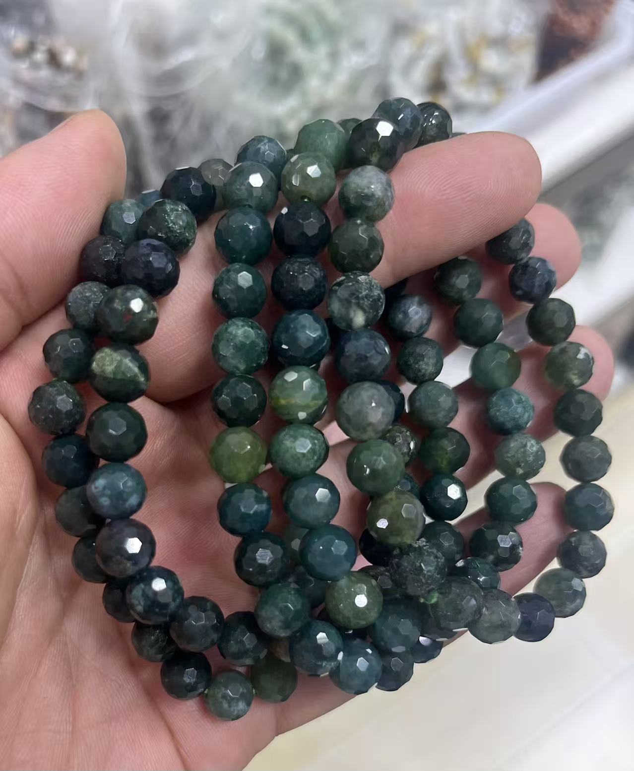 yve bracelets// green moss agate faceted beads 8mm