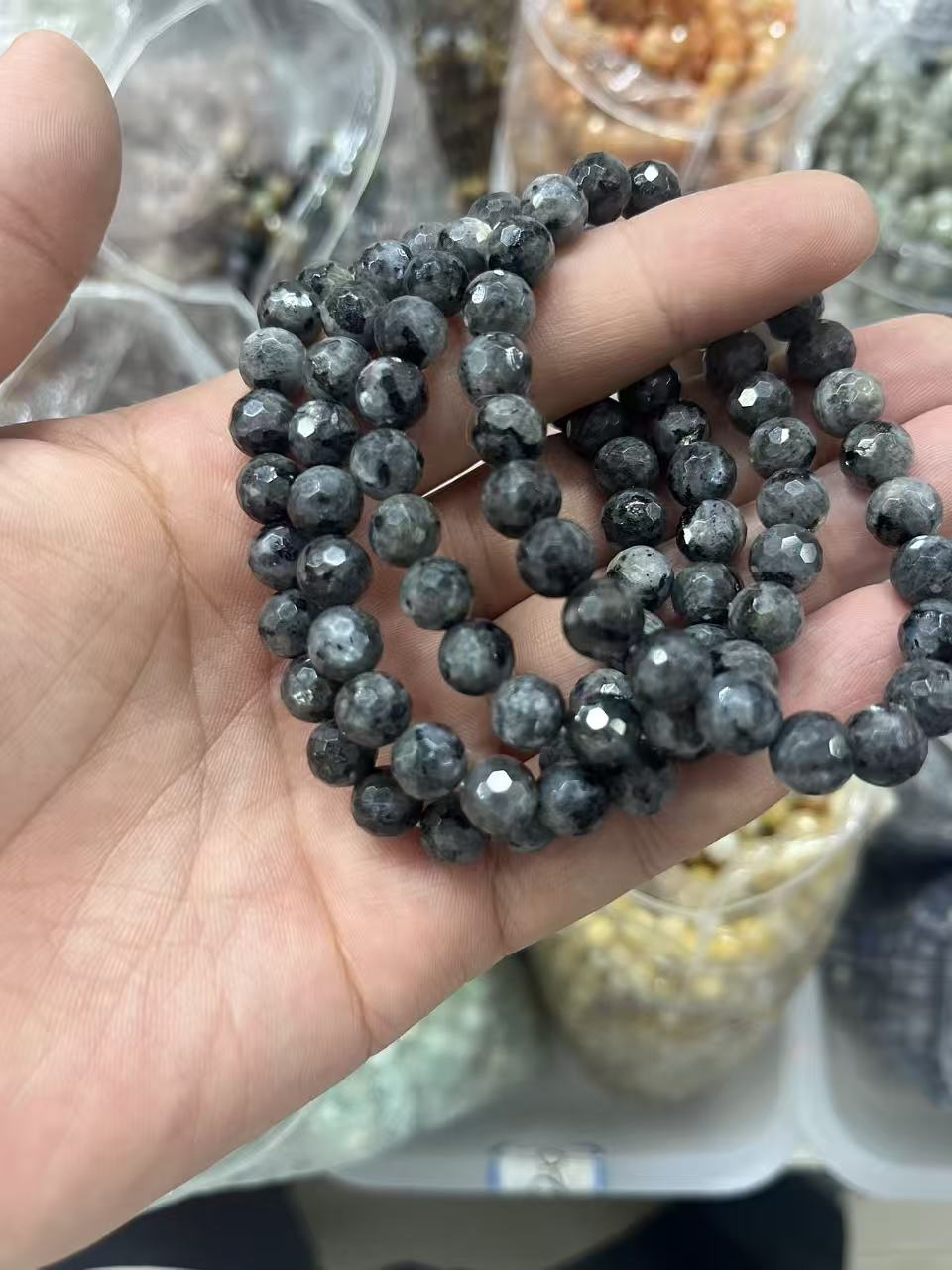 yve bracelets// larvikite faceted beads 8mm