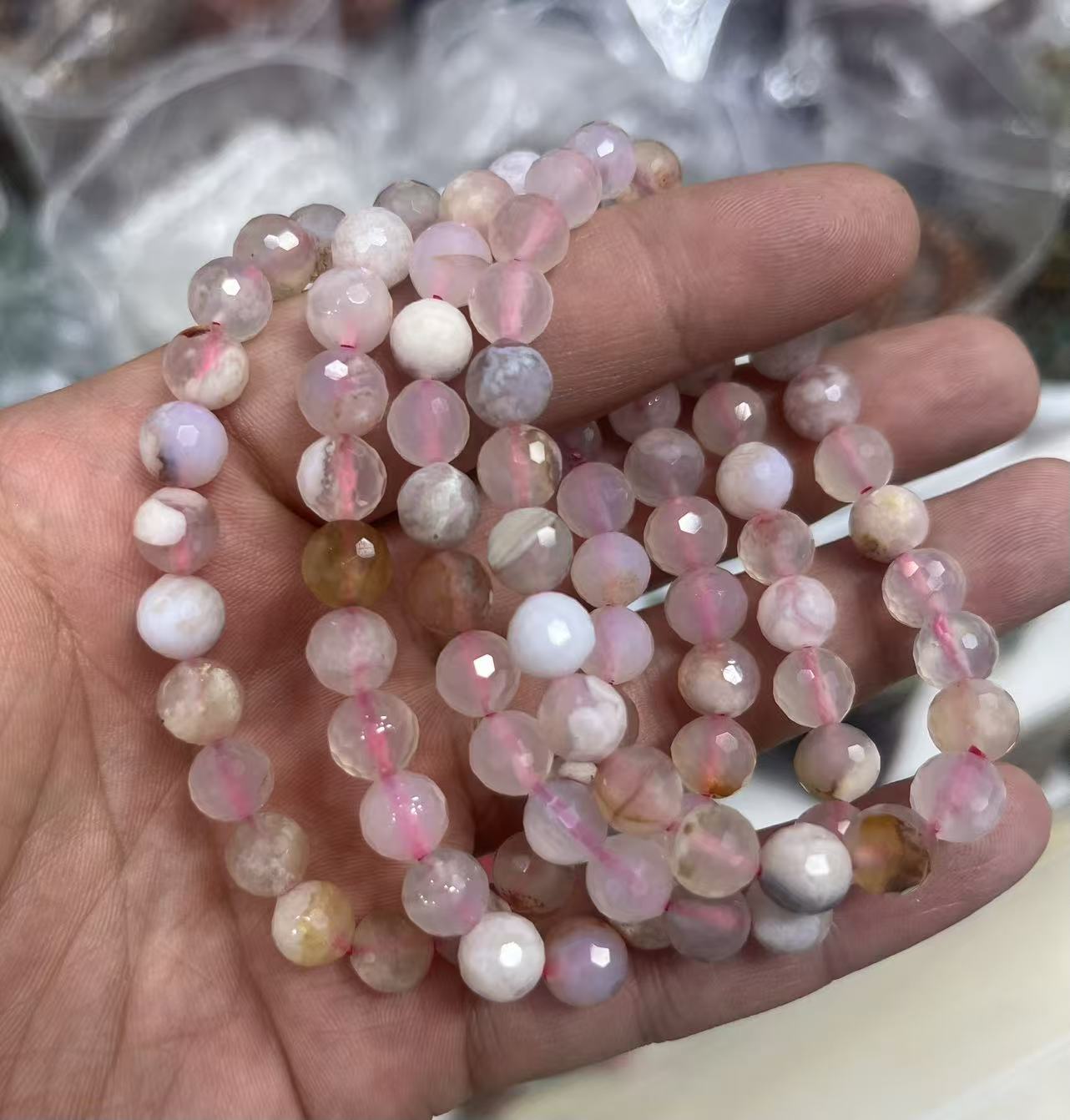 yve bracelets// flower agate faceted beads 8mm